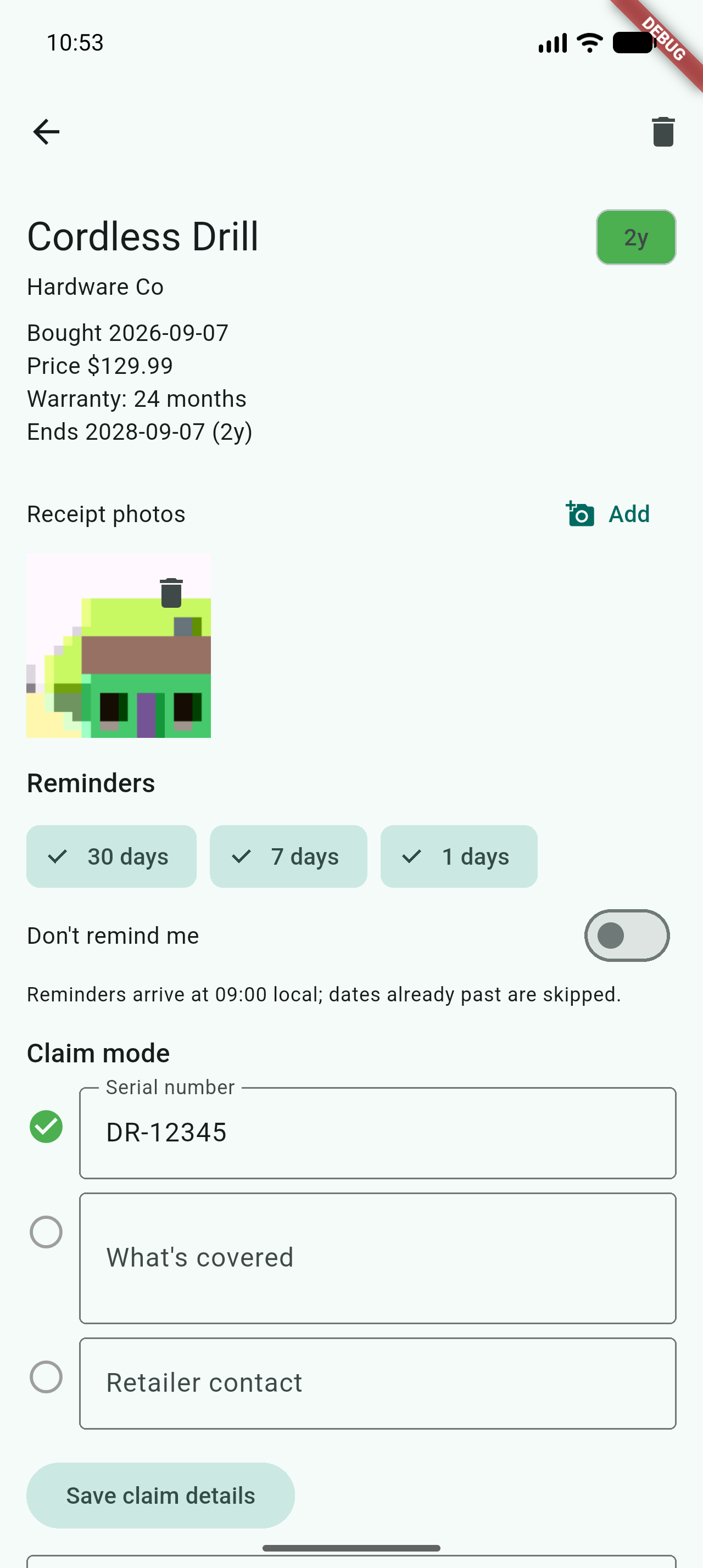 covered — claim mode with serial number and claim script