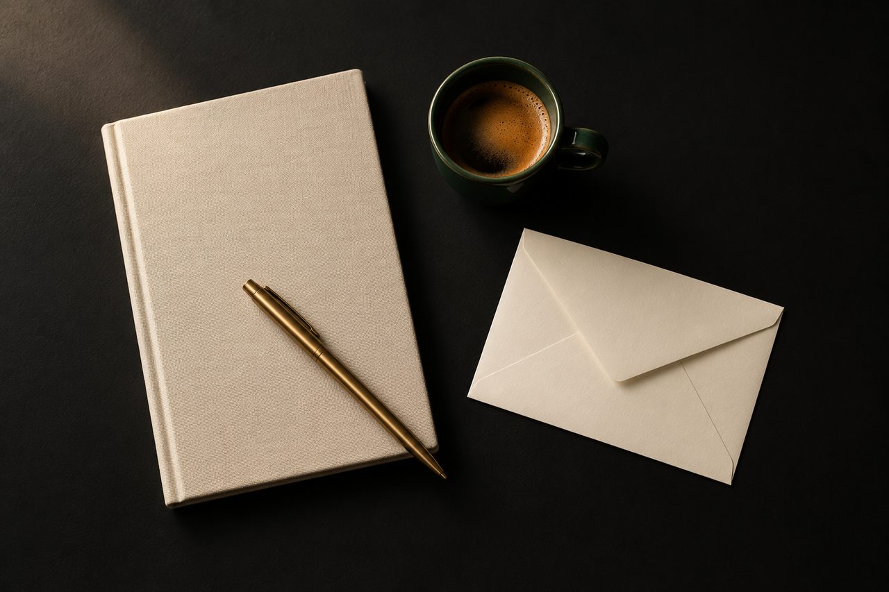 A matte black studio desk: a cream linen notebook, a deep-green ceramic cup, a brass pen, and an envelope