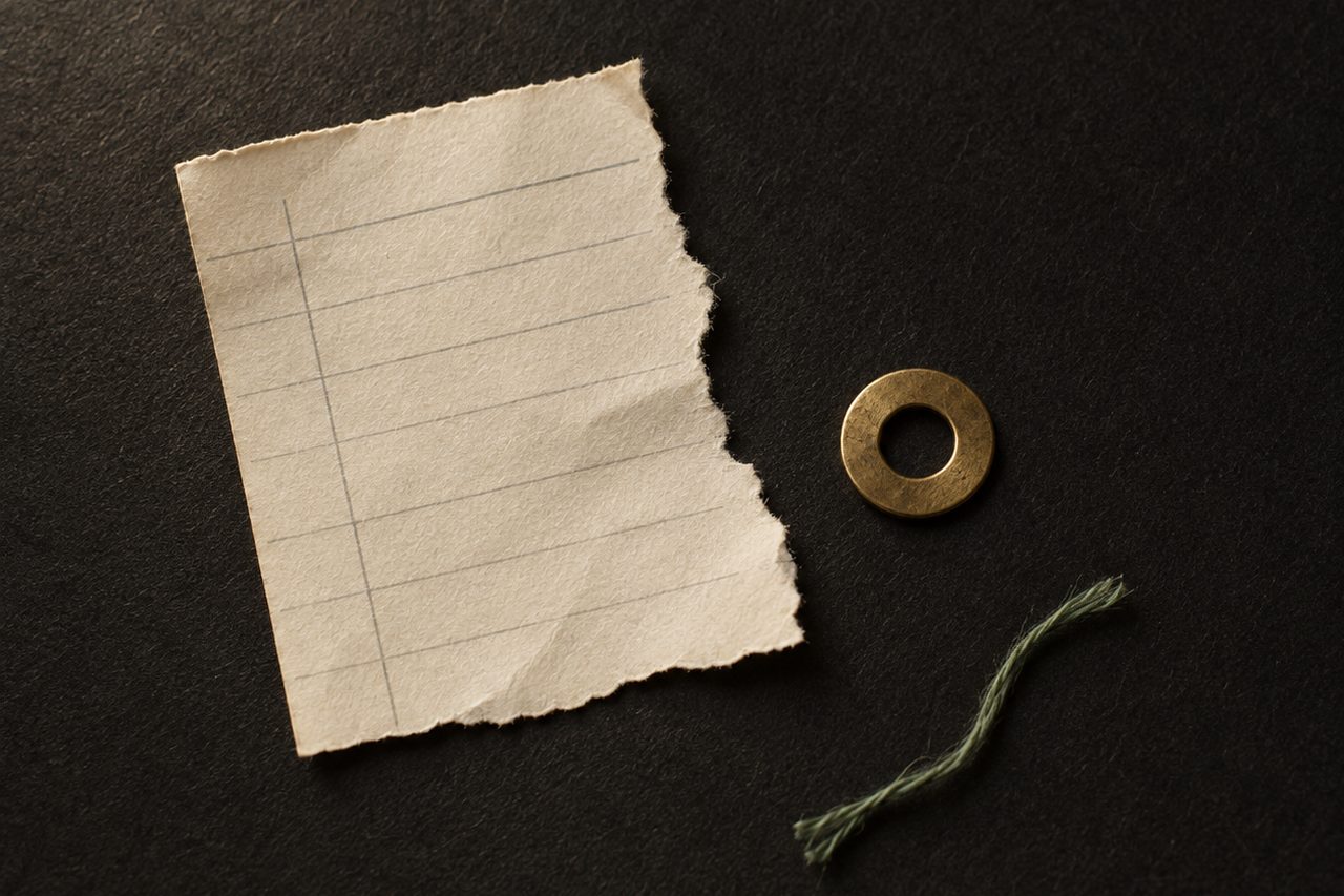 A torn cream receipt stub lies beside a flat brass washer and a short sage-green thread.