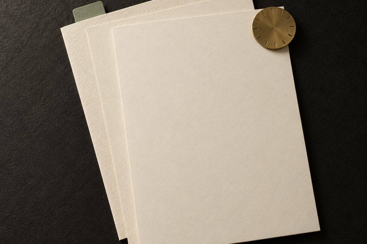 Three cream papers are fanned beneath a notched brass disc, with a small sage-green tab peeking from the back sheet.