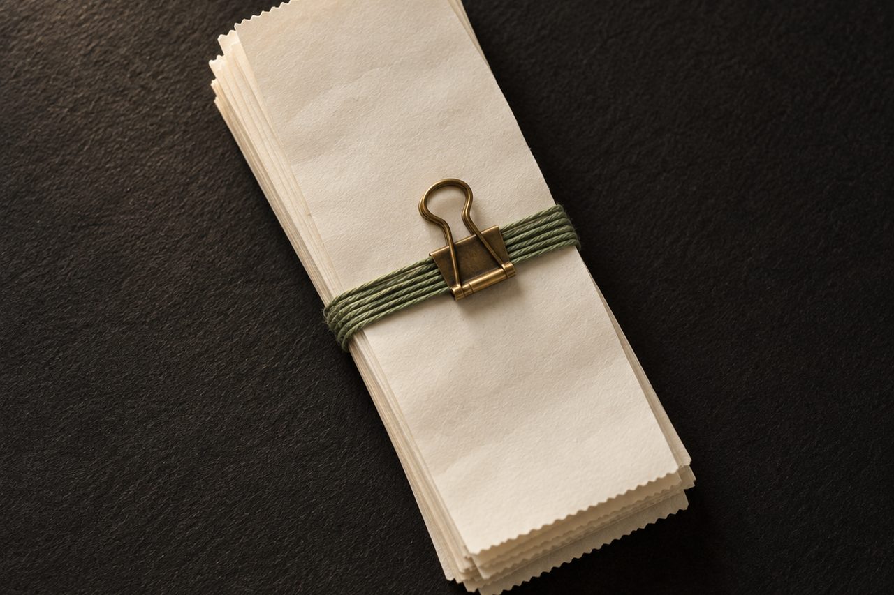 A tidy stack of cream receipts is bound with sage-green thread and topped by a brass clip.