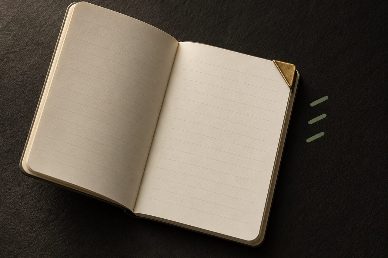An open cream notebook with faint ruled lines sits beside three sage-green tick marks, held at one corner by a brass clip.